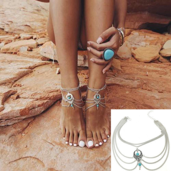 Boho Turquoise Barefoot Sandal Arm Bracelet Chain - Picture 1 of 8